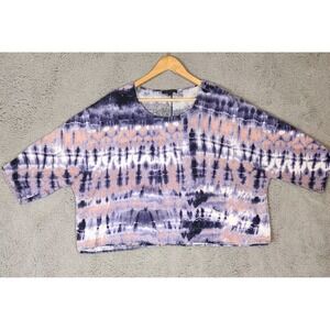 Linen Tie Dye Top Womens Extra Large Purple Art 3/4 Sleeve Crop Top